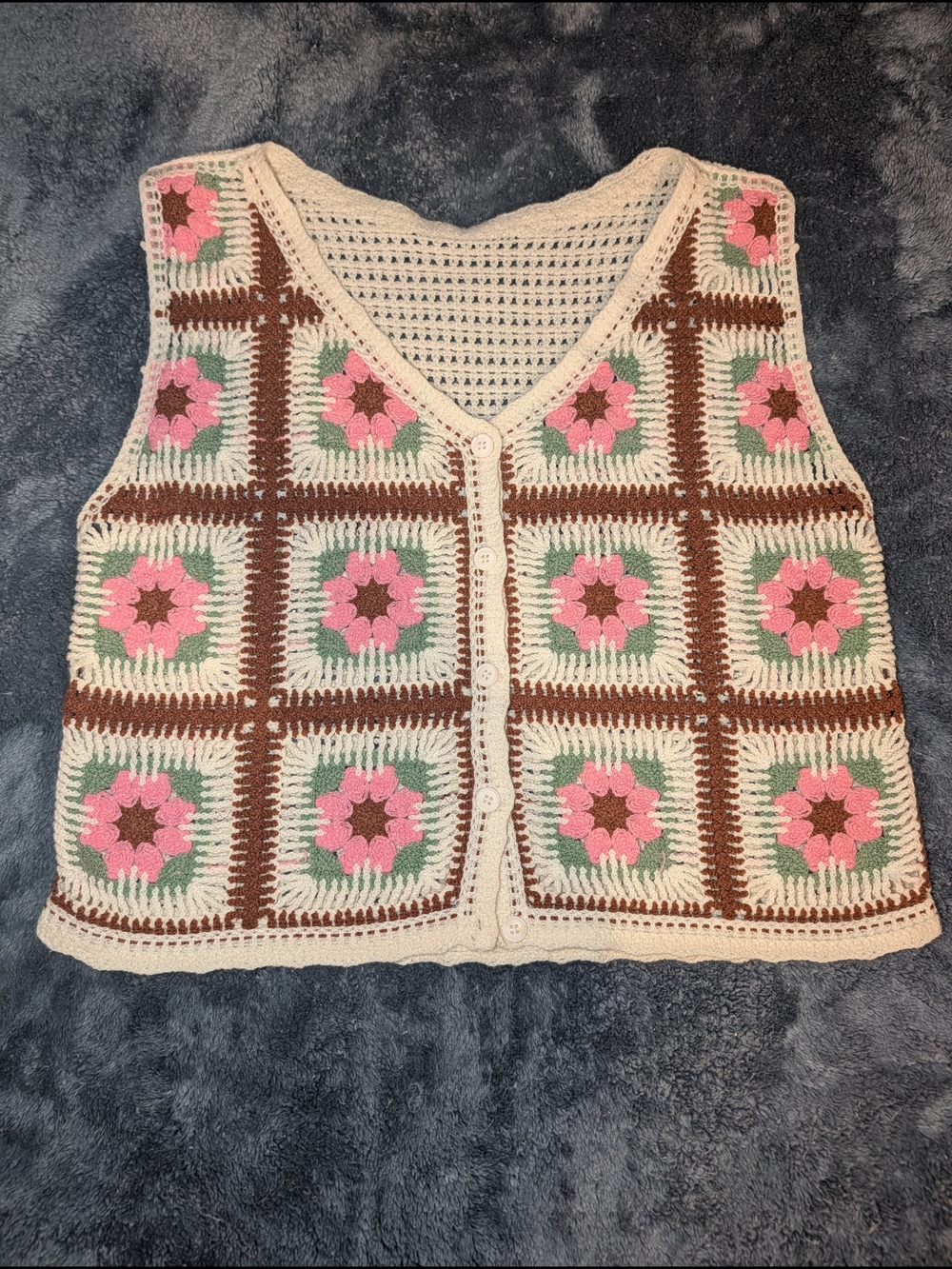 Crochet Floral Granny Square Button Vest in Pink & Cream